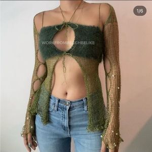 @workfrombeachbelike Beaded Sleeves and Halter Top in Dark Green